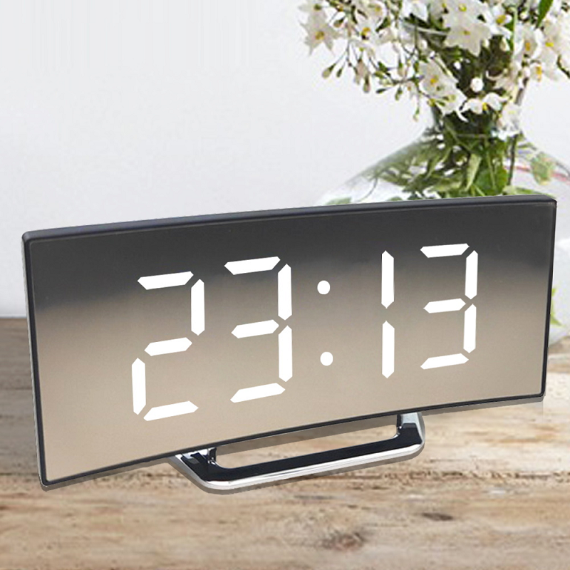 Digital Alarm Clock with Curved LED Mirror Display and Auto Dimming
