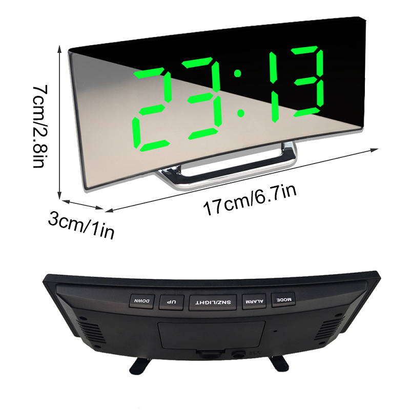 Digital Alarm Clock with Curved LED Mirror Display and Auto Dimming
