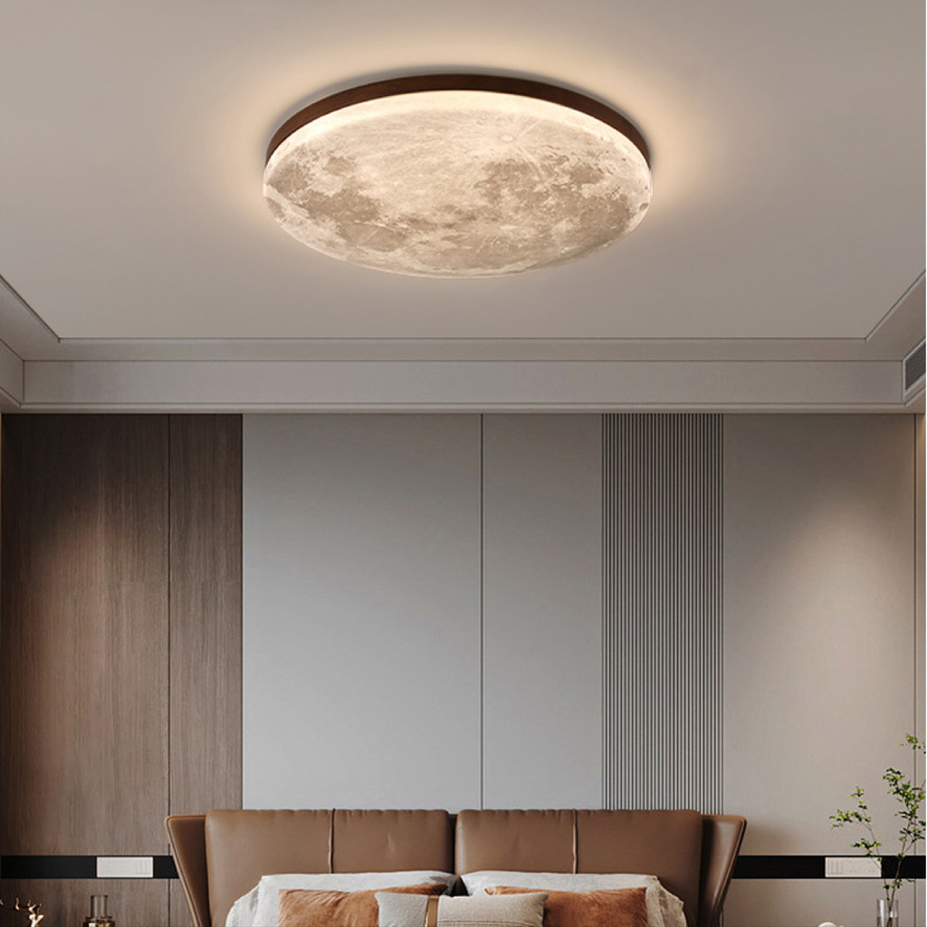 Flush Mount Ceiling Light with Moon Surface Texture and Wooden Frame
