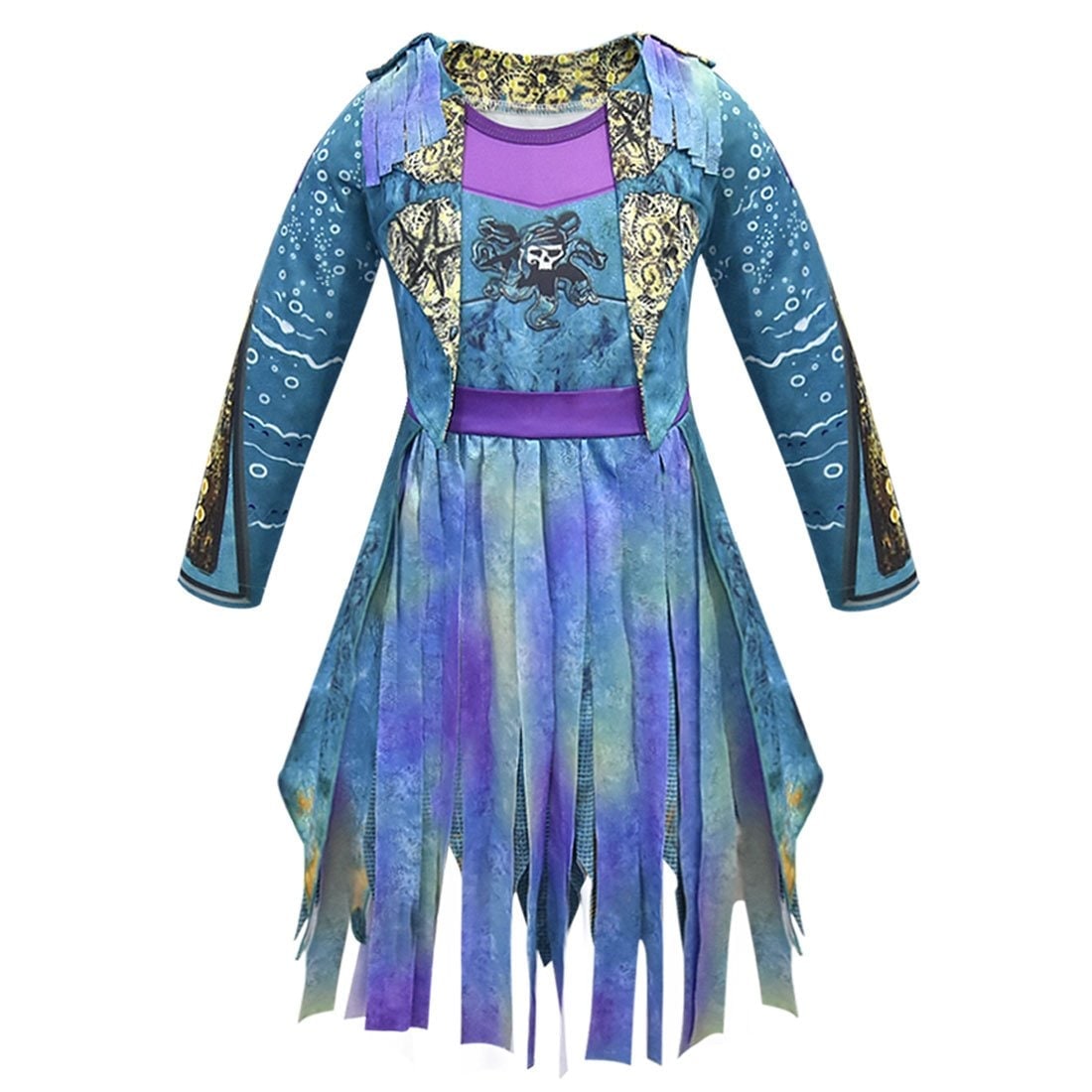 Kids' Halloween Pirate Costume Dress Outfit with Skull Graphic and Tattered Hem